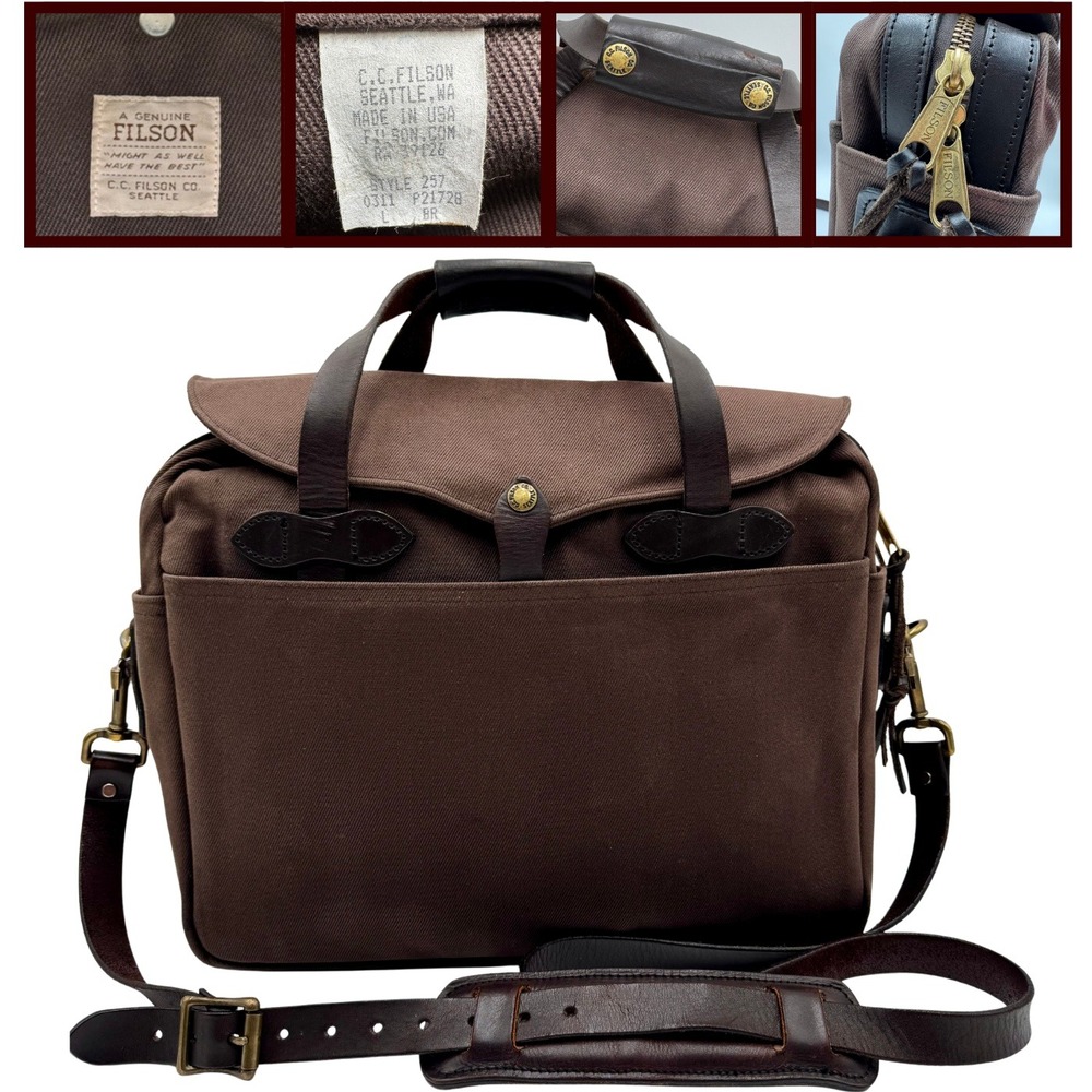 Filson 257 Briefcase Brown Rugged Twill Leather Messenger Laptop Luxury USA Made